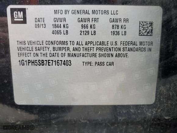 2014 Chevrolet Cruze ECO with VIN 1G1PH5SB7E7167403, listed as a Copart auction lot 52596345 with 113,379 mi miles and Salvage Title. Bid and sale history available at carsss.com. Image 12.