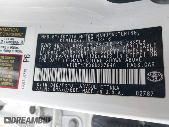 2016 Toyota Camry XLE with VIN 4T1BF1FKXGU227846, listed as a IAAI auction lot 41842937 with 58,146 mi miles. Bid and sale history available at carsss.com. Image 9.