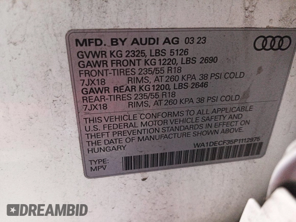 2023 Audi Q3 S line Premium with VIN WA1DECF35P1112975, listed as a IAAI auction lot 42793191 with 49,773 mi miles and . Bid and sale history available at DreamBid. Image 35.