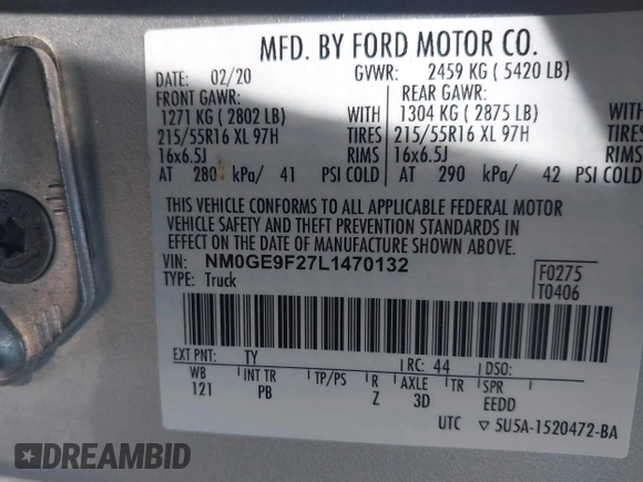 2020 Ford Transit Connect XLT with VIN NM0GE9F27L1470132, listed as a IAAI auction lot 42636339 with 69,434 mi miles and . Bid and sale history available at DreamBid. Image 9.