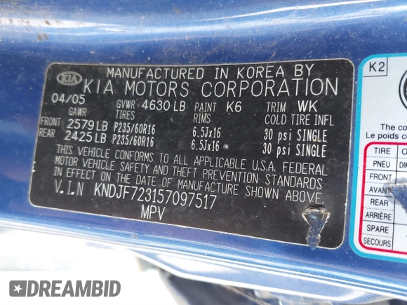 2005 Kia Sportage LX with VIN KNDJF723157097517, listed as a IAAI auction lot 41485759 with 207,294 mi miles and . Bid and sale history available at carsss.com. Image 9.