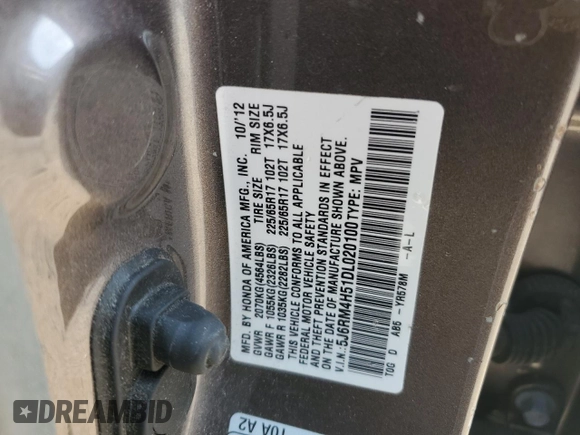 2013 Honda CR-V EX with VIN 5J6RM4H51DL020100, listed as a Copart auction lot 54001365 with 117,317 mi miles and Salvage Title. Bid and sale history available at DreamBid. Image 14.
