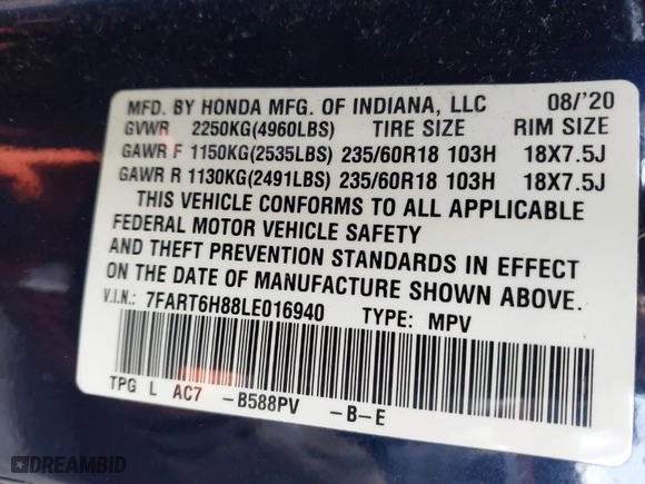 2020 Honda CR-V Hybrid EX-L with VIN 7FART6H88LE016940, listed as a IAAI auction lot 41789940 with 44,396 mi miles. Bid and sale history available at carsss.com. Image 9.