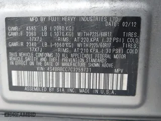 2012 Subaru Outback 2.5i Prem with VIN 4S4BRBCC7C3259731, listed as a IAAI auction lot 42092086 with 193,544 mi miles. Bid and sale history available at carsss.com. Image 9.