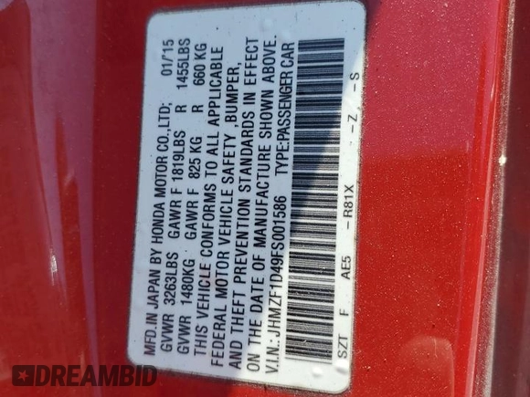 2015 Honda CR-Z with VIN JHMZF1D49FS001586, listed as a Copart auction lot 68444434 with 164,169 mi miles and Salvage Title. Bid and sale history available at DreamBid. Image 12.