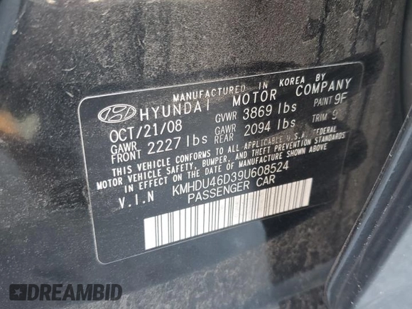2009 Hyundai Elantra SE z VIN KMHDU46D39U608524, wystawiony jako Copart lot #57435405 z przebiegiem 216 619 mil mil oraz Szkoda całkowita • Salvage title. Historia ofert i sprzedaży dostępna na DreamBid. Obrazek 12.
