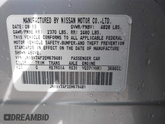 2014 Infiniti Q50 Premium with VIN JN1BV7AP2EM679481, listed as a IAAI auction lot 41836371 with 133,393 mi miles. Bid and sale history available at carsss.com. Image 9.