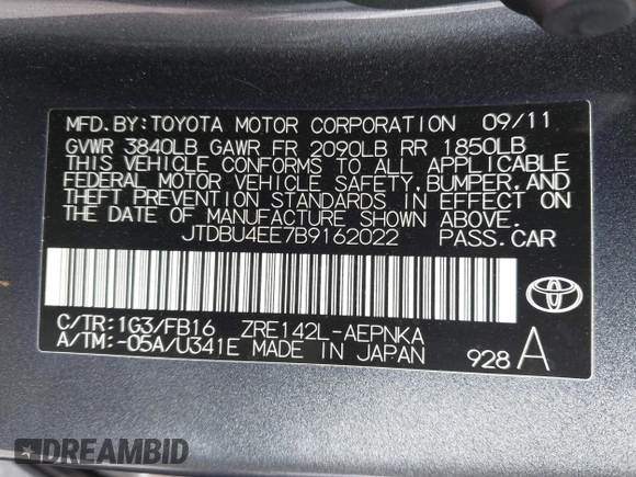2011 Toyota Corolla L with VIN JTDBU4EE7B9162022, listed as a IAAI auction lot 42066643 with 124,384 mi miles. Bid and sale history available at carsss.com. Image 9.