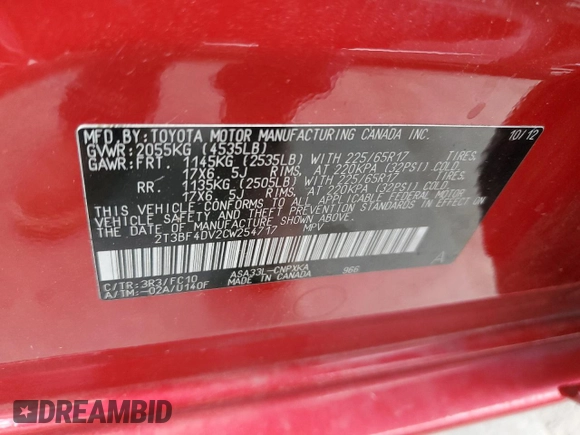 2012 Toyota RAV4 with VIN 2T3BF4DV2CW254717, listed as a Copart auction lot 58415315 with 157,646 mi miles and Salvage title. Bid and sale history available at DreamBid. Image 13.