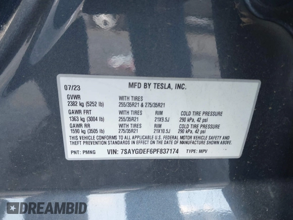 2023 Tesla Model Y Performance with VIN 7SAYGDEF6PF837174, listed as a IAAI auction lot 41436629 with 22,799 mi miles and . Bid and sale history available at DreamBid. Image 9.