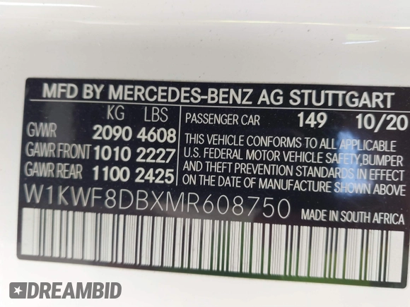 2021 Mercedes-Benz C 300 with VIN W1KWF8DBXMR608750, listed as a IAAI auction lot 41735468 with 20,712 mi miles and . Bid and sale history available at carsss.com. Image 9.
