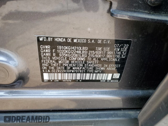 2023 Honda HR-V LX with VIN 3CZRZ2H30PM707821, listed as a Copart auction lot 59532385 with 44,385 mi miles and Salvage title. Bid and sale history available at DreamBid. Image 13.