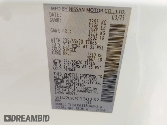 2023 Nissan Murano SL z VIN 5N1AZ2CS0PC130237, wystawiony jako IAAI lot #42103971 z przebiegiem 48 316 mil mil oraz . Historia ofert i sprzedaży dostępna na DreamBid. Obrazek 9.
