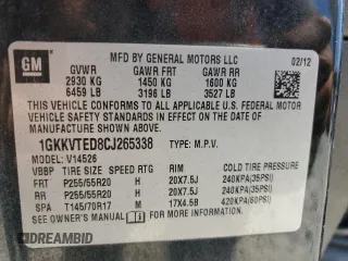 2012 GMC Acadia Denali with VIN 1GKKVTED8CJ265338, listed as a Copart auction lot 61384625 with 259,769 mi miles and Clean title. Bid and sale history available at DreamBid. Image 13.