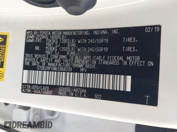 2019 Toyota Highlander Limited with VIN 5TDDZRFH8KS968209, listed as a IAAI auction lot 42141556 with 77,052 mi miles and . Bid and sale history available at DreamBid. Image 9.