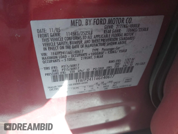 2006 Ford Five Hundred SEL with VIN 1FAFP24116G140617, listed as a IAAI auction lot 42212023 with 203,959 mi miles and . Bid and sale history available at DreamBid. Image 9.