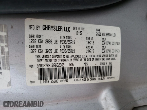 2008 Chrysler Pacifica Limited with VIN 2A8GF78X18R662669, listed as a Copart auction lot 68094954 with 128,570 mi miles and Clean title. Bid and sale history available at DreamBid. Image 13.