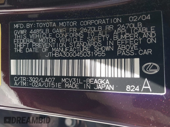 2004 Lexus ES 350 z VIN JTHBA30G045031955, wystawiony jako IAAI lot #42361895 z przebiegiem 92 752 mil mil oraz . Historia ofert i sprzedaży dostępna na DreamBid. Obrazek 9.