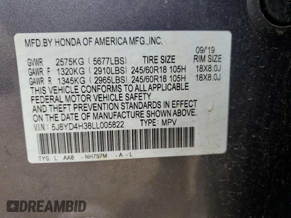 2020 Acura MDX с VIN 5J8YD4H38LL005822, выставлен на аукционе Copart как лот 57610055 с пробегом 56 433 миль миль и Списание • Salvage title. История ставок и продаж доступна на DreamBid. Изображение 13.