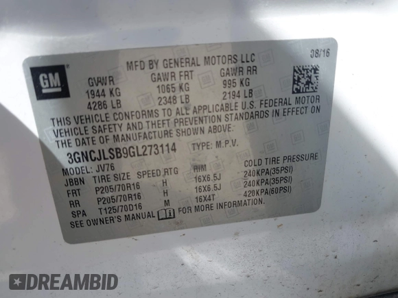 2016 Chevrolet Trax LT with VIN 3GNCJLSB9GL273114, listed as a IAAI auction lot 41828568 with 37,217 mi miles and . Bid and sale history available at DreamBid. Image 9.