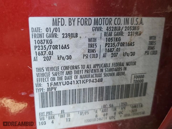 2001 Ford Escape XLT with VIN 1FMYU041X1KF94348, listed as a Copart auction lot 48406245 with 247,338 mi miles and Salvage Title. Bid and sale history available at carsss.com. Image 15.