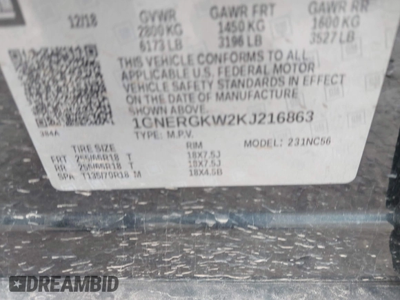 2019 Chevrolet Traverse LT Cloth with VIN 1GNERGKW2KJ216863, listed as a IAAI auction lot 42462866 with 87,971 mi miles and . Bid and sale history available at DreamBid. Image 9.