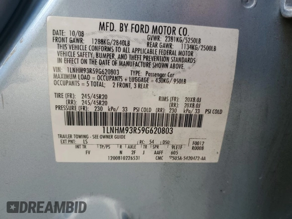 2009 Lincoln MKS with VIN 1LNHM93R59G620803, listed as a Copart auction lot 57283775 with 186,445 mi miles and Salvage title. Bid and sale history available at DreamBid. Image 12.