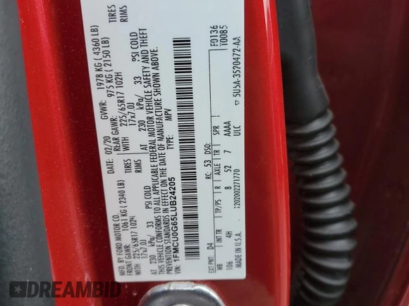 2020 Ford Escape SE с VIN 1FMCU0G65LUB24205, выставлен на аукционе Copart как лот 45680125 с пробегом 76 478 миль миль и Списание • Salvage title. История ставок и продаж доступна на DreamBid. Изображение 15.