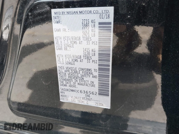 2018 Nissan Pathfinder SV with VIN 5N1DR2MM4JC636562, listed as a IAAI auction lot 42348812 with Not provided miles and . Bid and sale history available at DreamBid. Image 9.