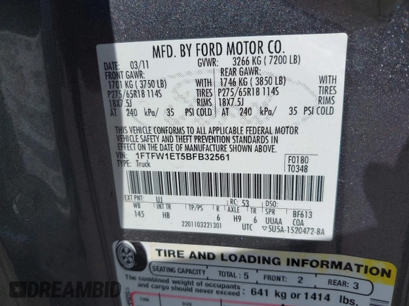 2011 Ford F-150 XLT with VIN 1FTFW1ET5BFB32561, listed as a IAAI auction lot 42684164 with 239,869 mi miles and . Bid and sale history available at DreamBid. Image 9.