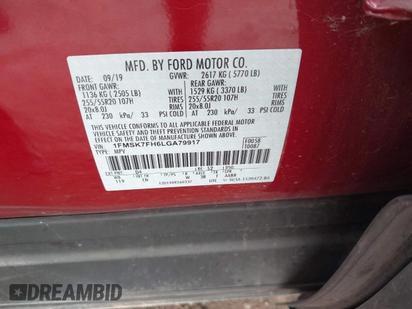 2020 Ford Explorer Limited с VIN 1FMSK7FH6LGA79917, выставлен на аукционе IAAI как лот 41883477 с пробегом 112 703 миль миль и . История ставок и продаж доступна на DreamBid. Изображение 9.