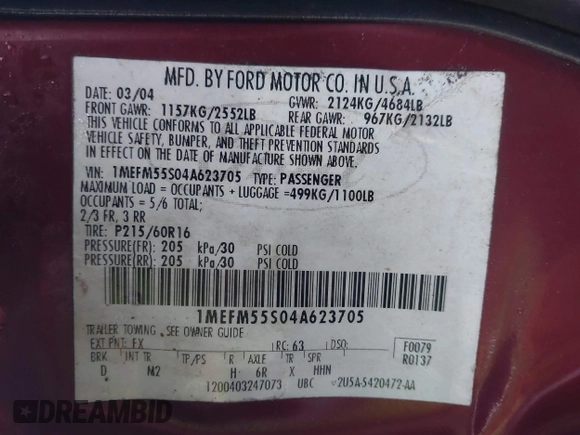 2004 Mercury Sable LS Premium z VIN 1MEFM55S04A623705, wystawiony jako IAAI lot #41137264 z przebiegiem Nie podano mil oraz . Historia ofert i sprzedaży dostępna na DreamBid. Obrazek 9.