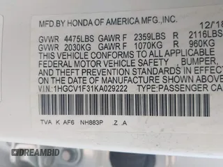 2019 Honda Accord Sport with VIN 1HGCV1F31KA029222, listed as a IAAI auction lot 42482885 with 89,612 mi miles and . Bid and sale history available at DreamBid. Image 9.