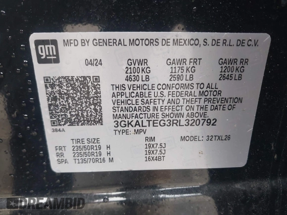 2024 GMC Terrain SLE with VIN 3GKALTEG3RL320792, listed as a IAAI auction lot 41698337 with 16,683 mi miles and . Bid and sale history available at DreamBid. Image 9.