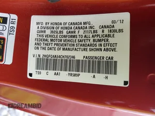 2012 Honda Civic Cpe Si with VIN 2HGFG4A54CH702346, listed as a Copart auction lot 52257745 with 142,564 mi miles and Salvage Title. Bid and sale history available at carsss.com. Image 14.