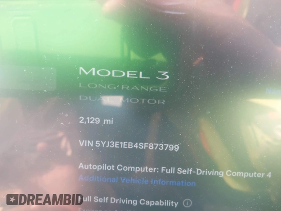 2025 Tesla Model 3 Long Range with VIN 5YJ3E1EB4SF873799, listed as a IAAI auction lot 41548818 with 2,129 mi miles and . Bid and sale history available at DreamBid. Image 7.