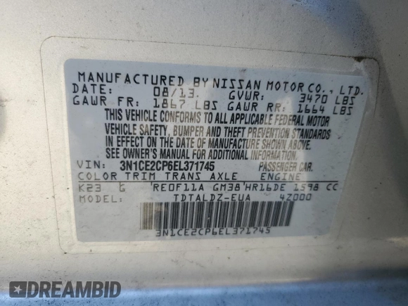 2014 Nissan Note S Plus with VIN 3N1CE2CP6EL371745, listed as a Copart auction lot 61021895 with 69,712 mi miles and Clean title. Bid and sale history available at DreamBid. Image 13.