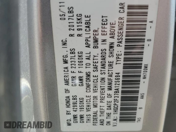 2011 Honda Accord LX with VIN 1HGCP2F37BA125694, listed as a Copart auction lot 60981505 with 115,543 mi miles and Salvage title. Bid and sale history available at DreamBid. Image 13.