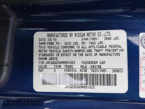 2017 Nissan 370Z with VIN JN1AZ4EH4HM951003, listed as a IAAI auction lot 40367417 with 78,008 mi miles. Bid and sale history available at carsss.com. Image 9.