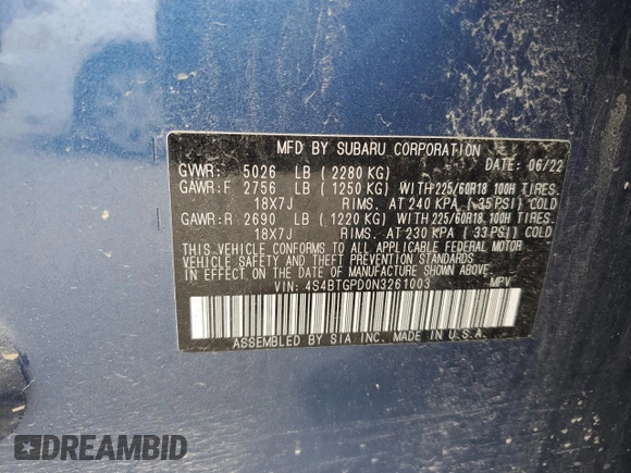 2022 Subaru Outback Touring XT с VIN 4S4BTGPD0N3261003, выставлен на аукционе Copart как лот 56917525 с пробегом 62 054 миль миль и Списание • Salvage title. История ставок и продаж доступна на DreamBid. Изображение 12.