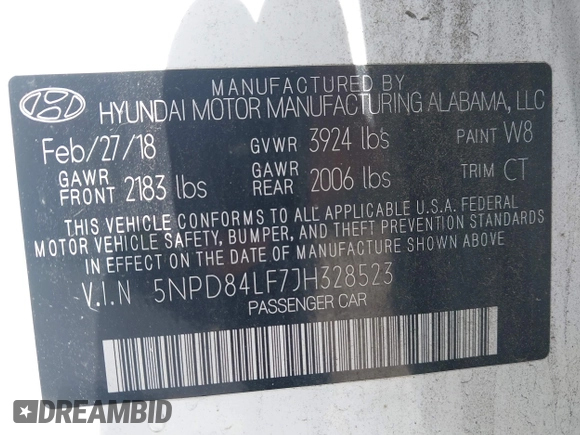 2018 Hyundai Elantra SEL with VIN 5NPD84LF7JH328523, listed as a IAAI auction lot 42066704 with 59,721 mi miles and . Bid and sale history available at DreamBid. Image 9.