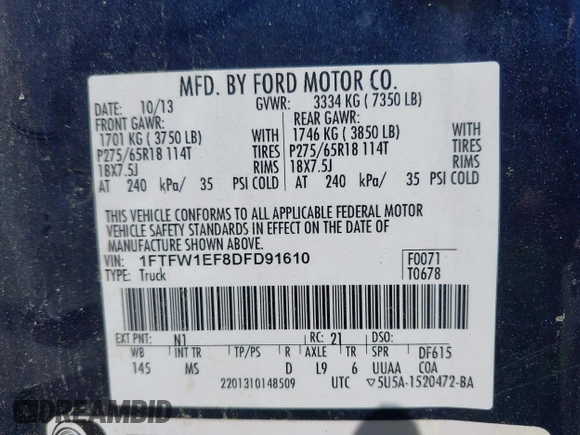 2013 Ford F-150 XL with VIN 1FTFW1EF8DFD91610, listed as a IAAI auction lot 42070850 with 585,502 mi miles. Bid and sale history available at carsss.com. Image 9.