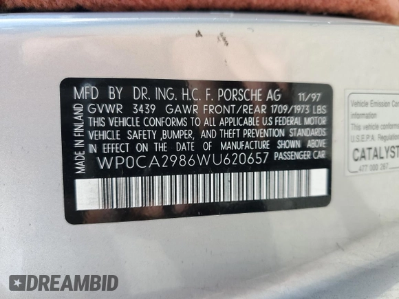 1998 Porsche Boxster z VIN WP0CA2986WU620657, wystawiony jako Copart lot #55595275 z przebiegiem 78 711 mil mil oraz Szkoda całkowita • Salvage title. Historia ofert i sprzedaży dostępna na DreamBid. Obrazek 12.