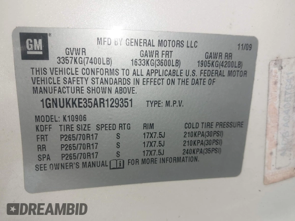 2010 Chevrolet Suburban LTZ with VIN 1GNUKKE35AR129351, listed as a IAAI auction lot 41971625 with 234,487 mi miles. Bid and sale history available at carsss.com. Image 9.