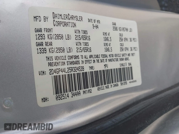 2005 Dodge Caravan SXT с VIN 2D4GP44L25R324539, выставлен на аукционе IAAI как лот 42532136 с пробегом 273 171 миль миль и . История ставок и продаж доступна на DreamBid. Изображение 9.