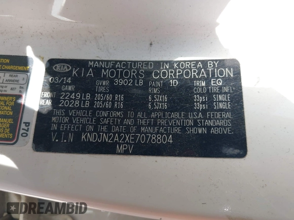 2014 Kia Soul with VIN KNDJN2A2XE7078804, listed as a IAAI auction lot 42095022 with 153,536 mi miles. Bid and sale history available at carsss.com. Image 9.