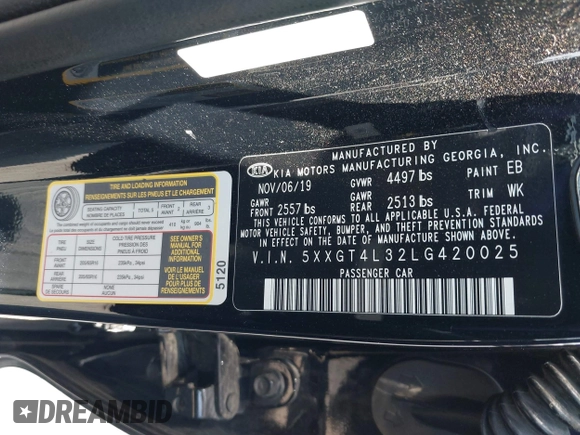 2020 Kia Optima LX with VIN 5XXGT4L32LG420025, listed as a IAAI auction lot 42288132 with 69,729 mi miles and . Bid and sale history available at DreamBid. Image 9.