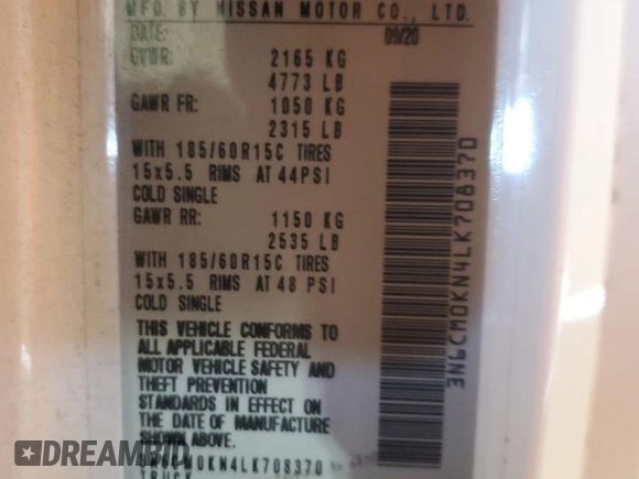 2020 Nissan NV200 S with VIN 3N6CM0KN4LK708370, listed as a Copart auction lot 57563745 with 108,786 mi miles and Salvage title. Bid and sale history available at DreamBid. Image 13.