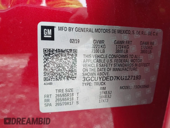2019 Chevrolet Silverado 1500 LT with VIN 3GCUYDED7KG127193, listed as a IAAI auction lot 41553711 with 102,841 mi miles. Bid and sale history available at carsss.com. Image 9.