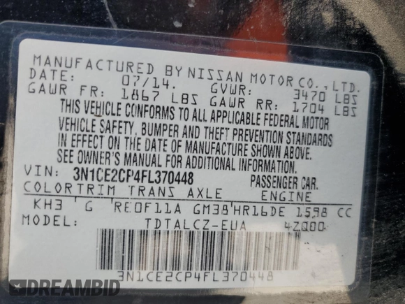 2015 Nissan Note SR with VIN 3N1CE2CP4FL370448, listed as a Copart auction lot 59343215 with 106,219 mi miles and Salvage title. Bid and sale history available at DreamBid. Image 12.